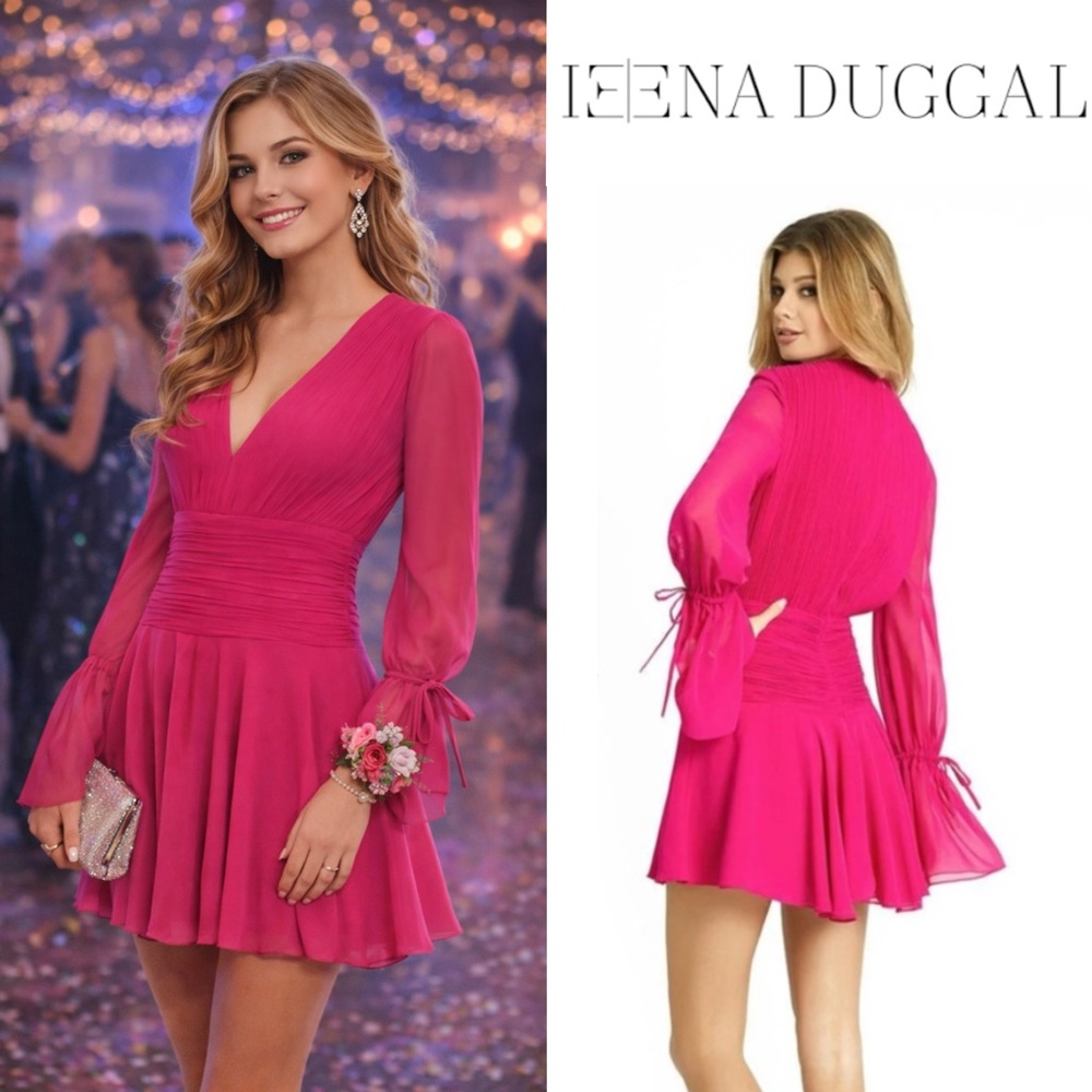 Ieena for Mac Duggal pleated bell sleeve chiffon short gown prom party hoco